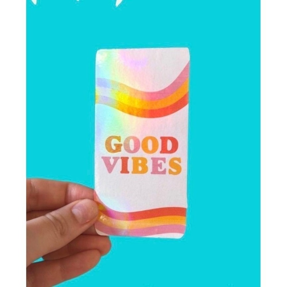Holographic Good Vibes Sticker Retro Wavy Rainbow Decal Positive Quote Pink